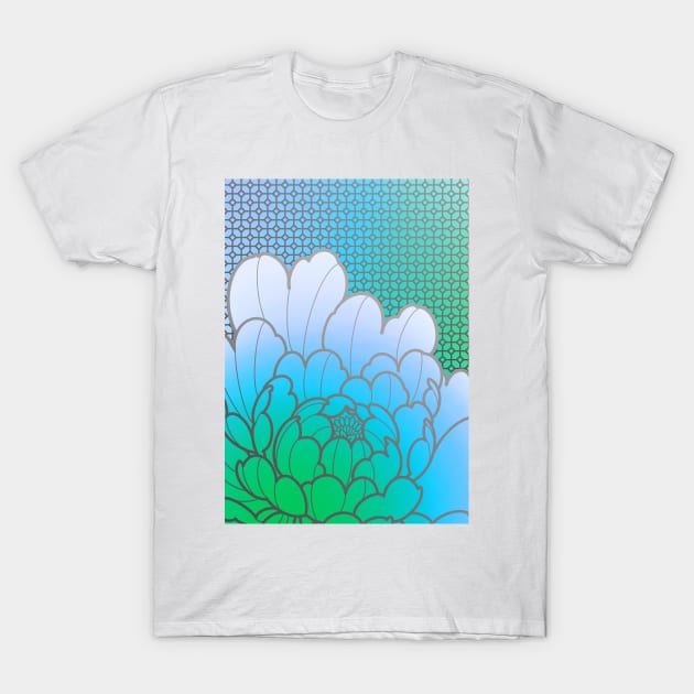 blue green peony flower and geometric pattern T-Shirt by weilertsen